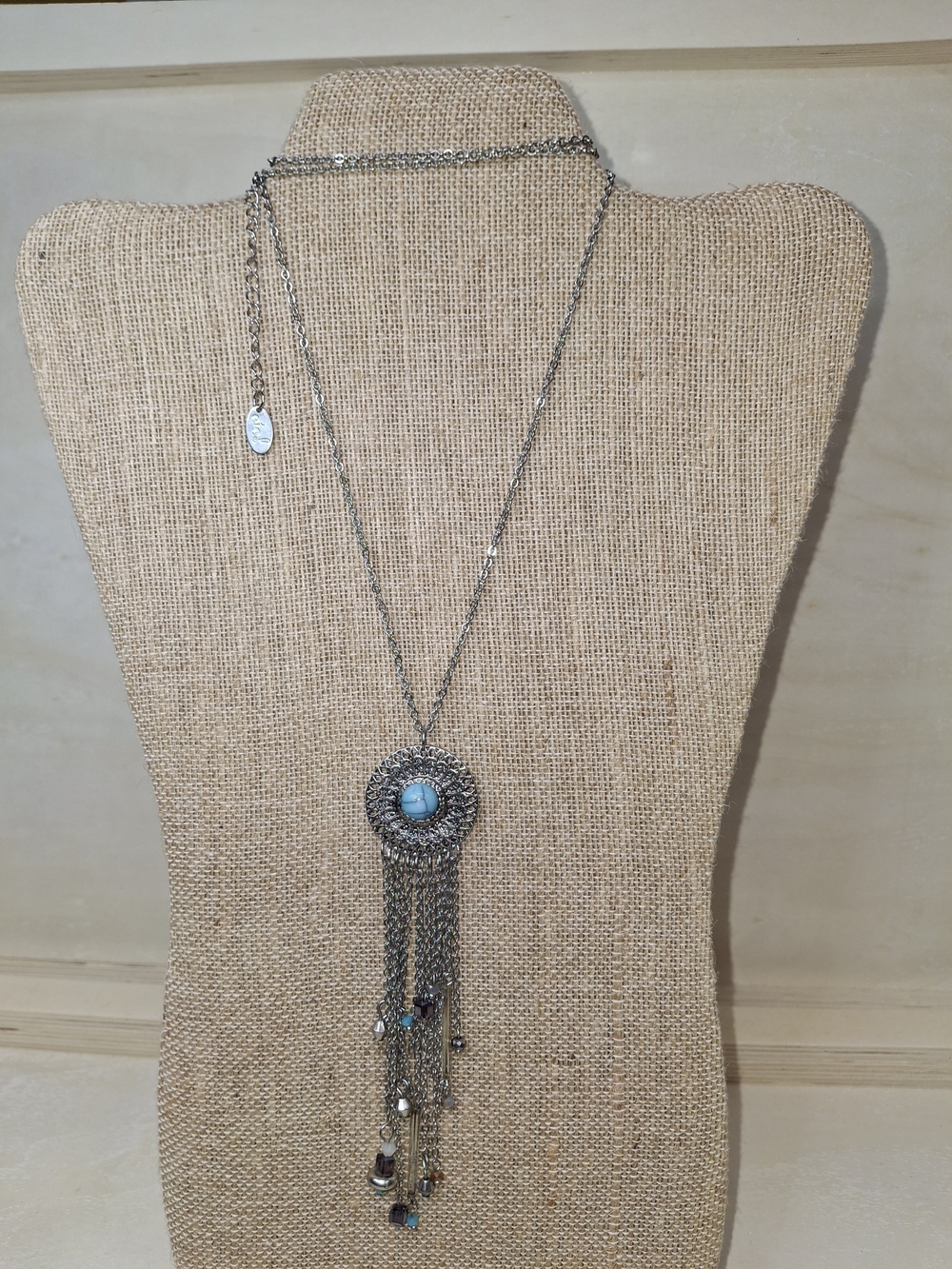 Silver-Tone Necklace with Turquoise Accent and Tassel Fringe